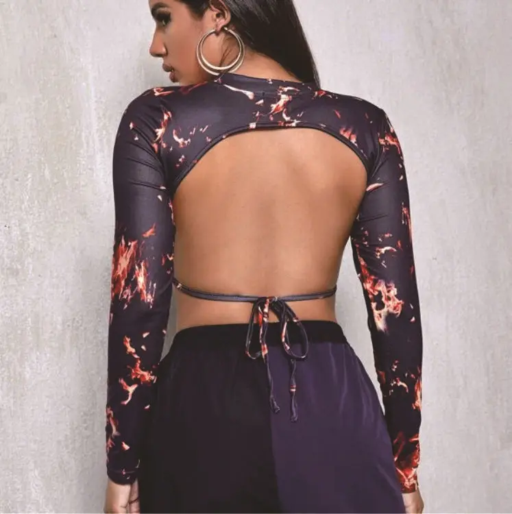 

New European and American Flame Print Sexy Open Back Lace Up Long Sleeve T-shirt in Autumn and Winter 2020