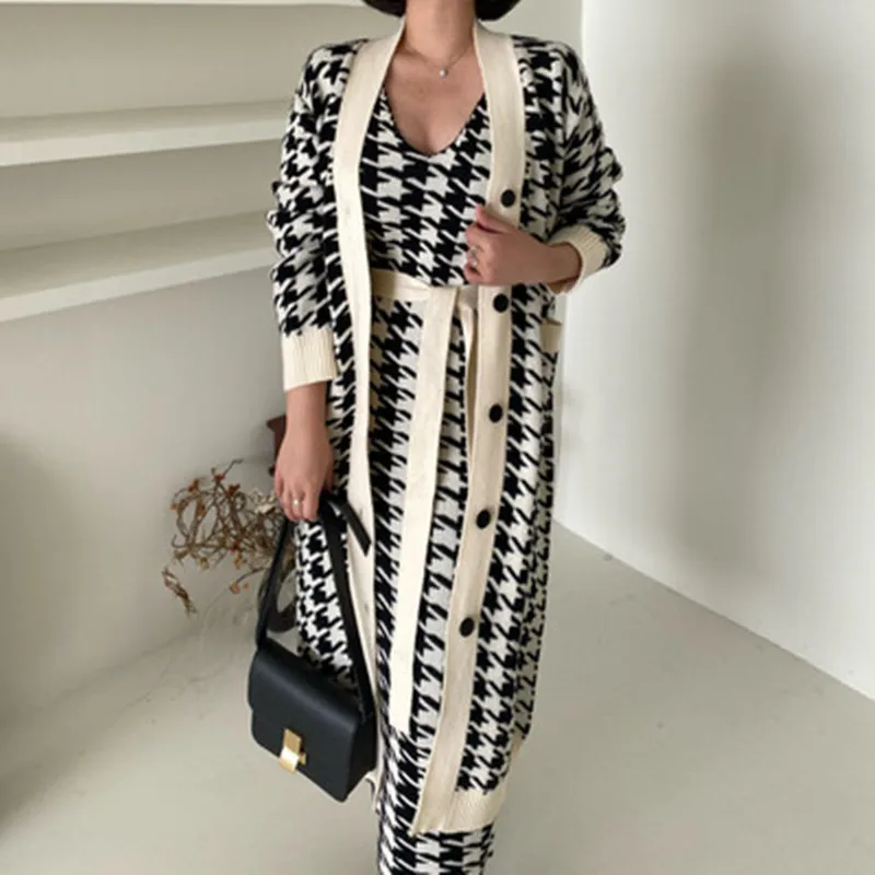 

2023 Korean Sweater Set Fashion Vintage Style V-Neck Long Knitted Sweater Coat + Houndstooth Vest Dress Female Two-Piece Suit