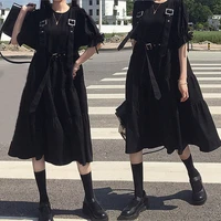 japanese kawaii black midi skirt gothic dress retro ruffle sleeve sling bandage skirt loose cosplay dress harajuku style dress