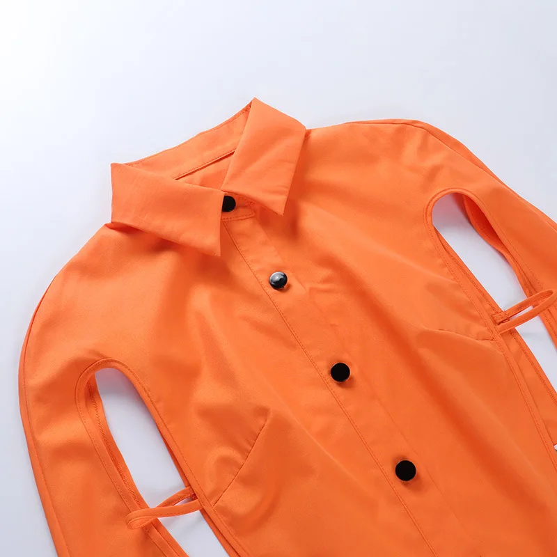 

Viifaa Orange Cut Out Sexy Party Tops Fall 2021 Womens Fashion Long Sleeve Blouse Solid Color Button Up Shirt