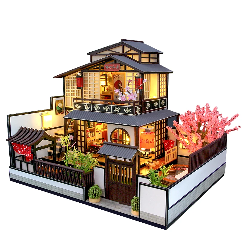 New Japanese Architecture DIY Wooden Dollhouses with Sakura Assembled Miniature Furniture Doll House Toys for Adult Gift | Игрушки и