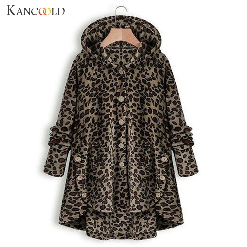 Женская куртка с капюшоном KANCOOLD леопардовая на пуговицах теплая длинным рукавом