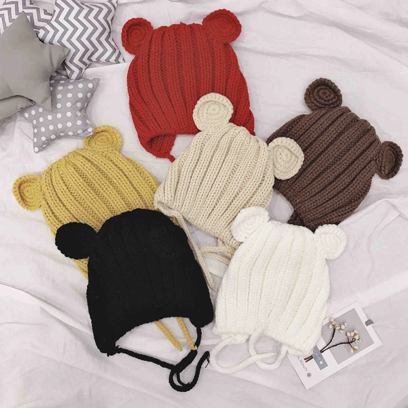 

Autumn Winter Warm Baby Newborn Cute Beanie Cap Ear Protection Solid Color Hat XXFE