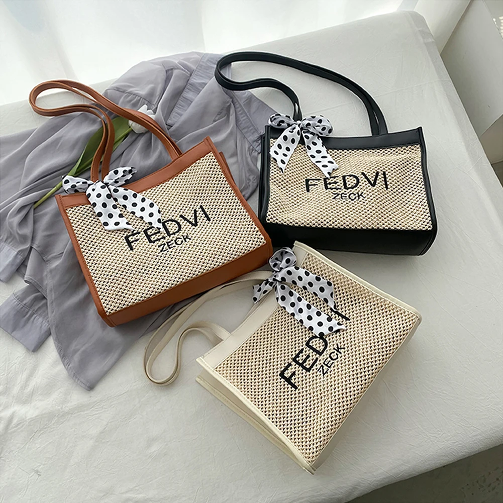 

Women's Bag Woven Letters Printing Silk Scarf Shoulder Shopper Bags for Women Summer Beach Vacation Large Capacity Tote Handbags