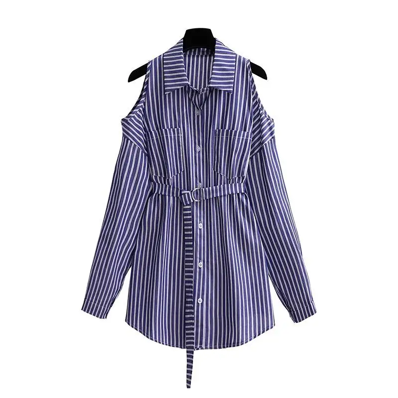 

ICHOIX autumn women dress shirt off shoulder sexy mini dress long sleeve casual striped dress girl sashes Korean dresses