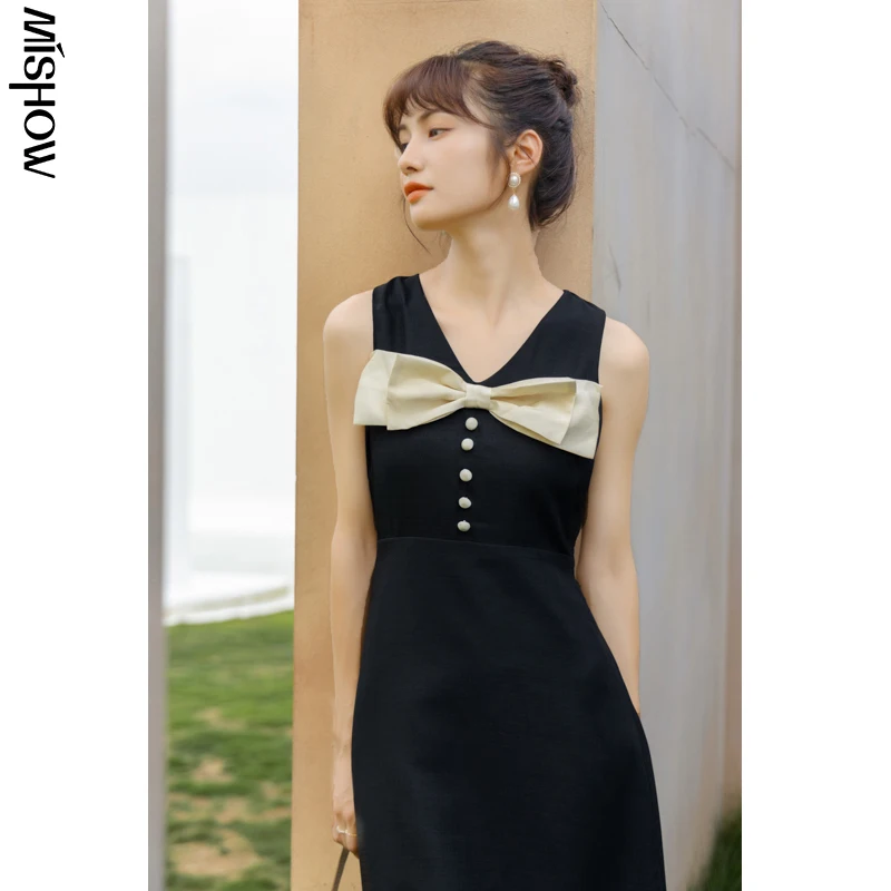 

MISHOW 2021 Black Dresses For Women Summer Elegant Knee Length High Waist Puff Sleeve/Sleeveless Female Vestidos MXA28L0265