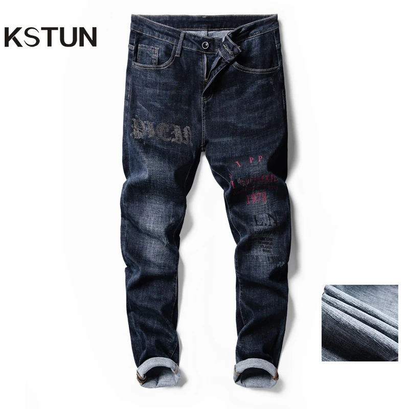 KSTUN зимние мужские джинсы плотный материал темно синие стрейч облегающие с