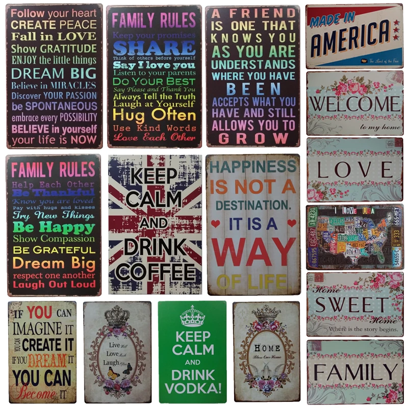 Ретро правила семьи приветственный знак домашний декор винтажный Американский
