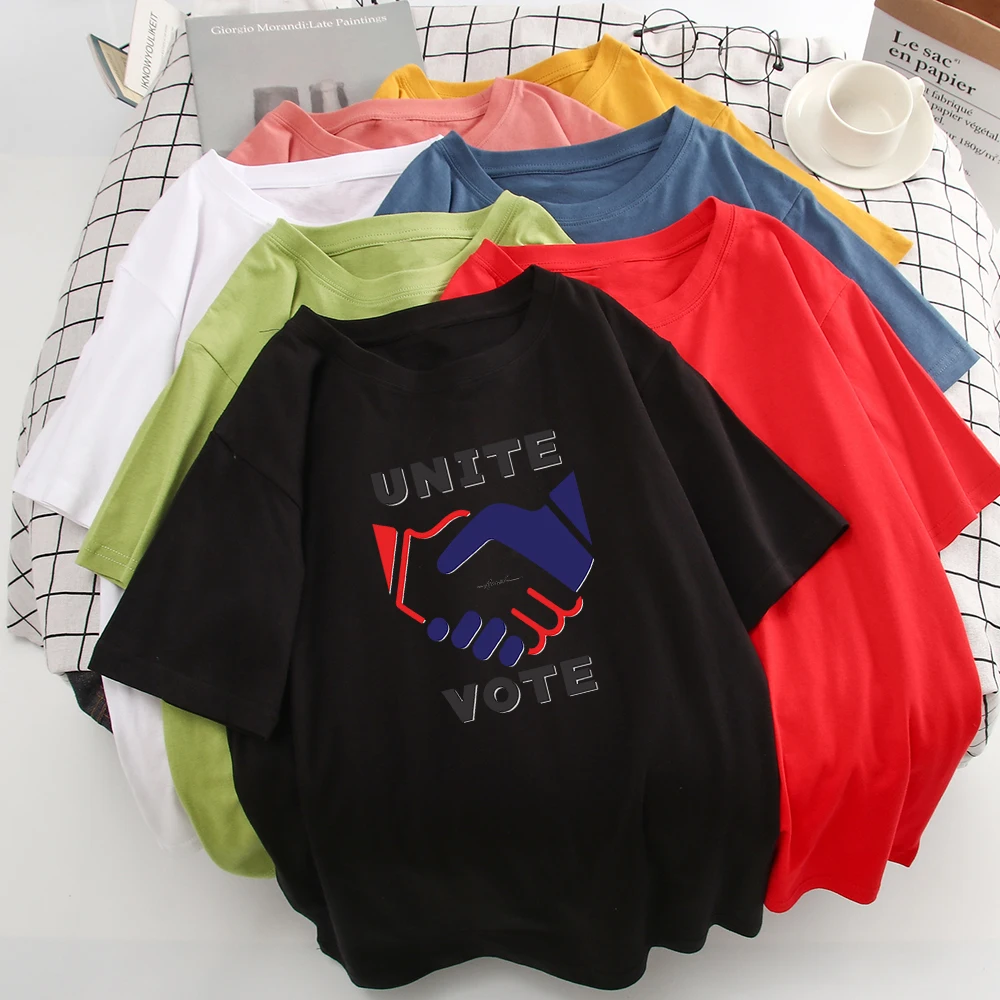 

Funny UNITE VOTE Letter Shake hands Printing T-shirts Harajuku Ropa Mujer Women's shirt Hipster Loose O-Neck Multicolor Tshirt