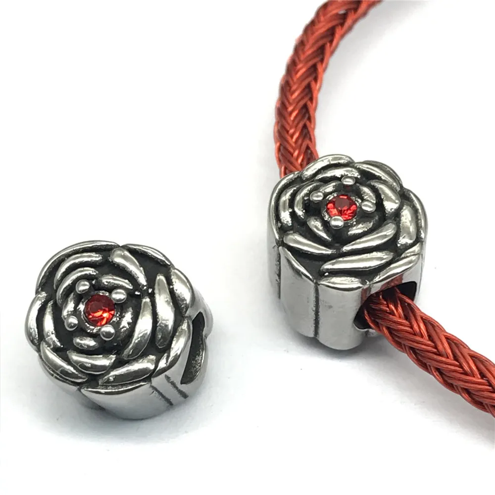 

5mm Hole Size 316l Stainless Steel Rose Flower Big Hole Original Beads For Women Leather Bracelet DIY Jewelry Making Wholesale