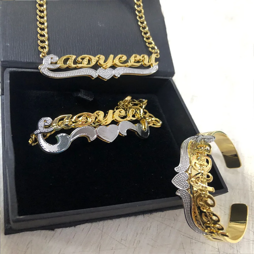 Custom Name Bracelets Customize Name Necklace Personalized Two Toned Name Bangle Double Plate Name Letter Chain for Women Gifts