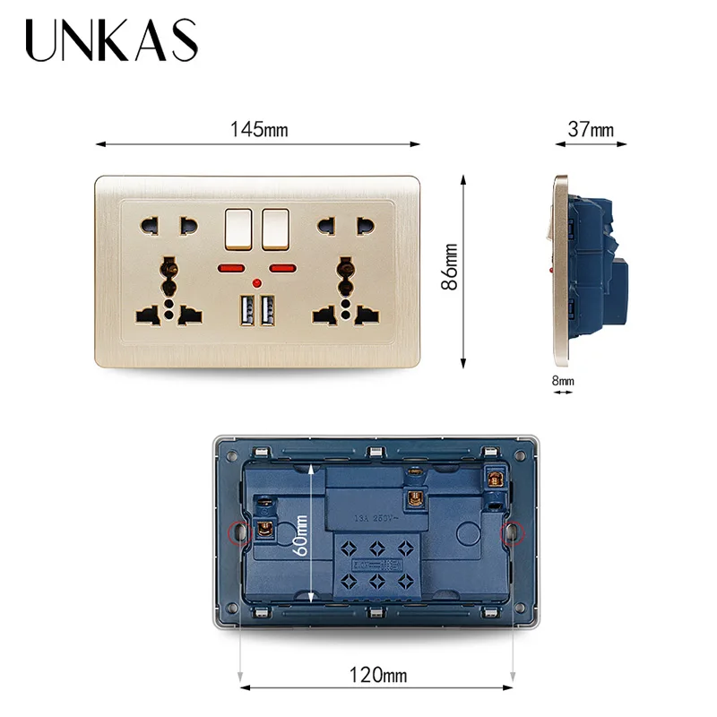 UNKAS золото настенные Мощность розетка двойная Универсальный 5 отверстий