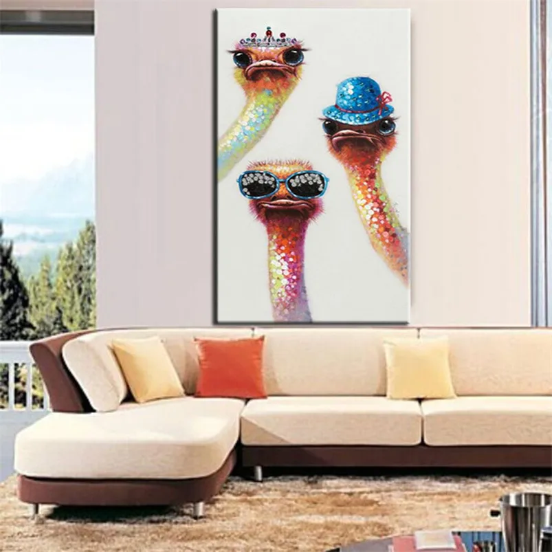 

handmade Modern Art Animal Oil Painting Cool Funny Bird Oil Painting Ostrich Wall Picture For Living Room Unique Gift