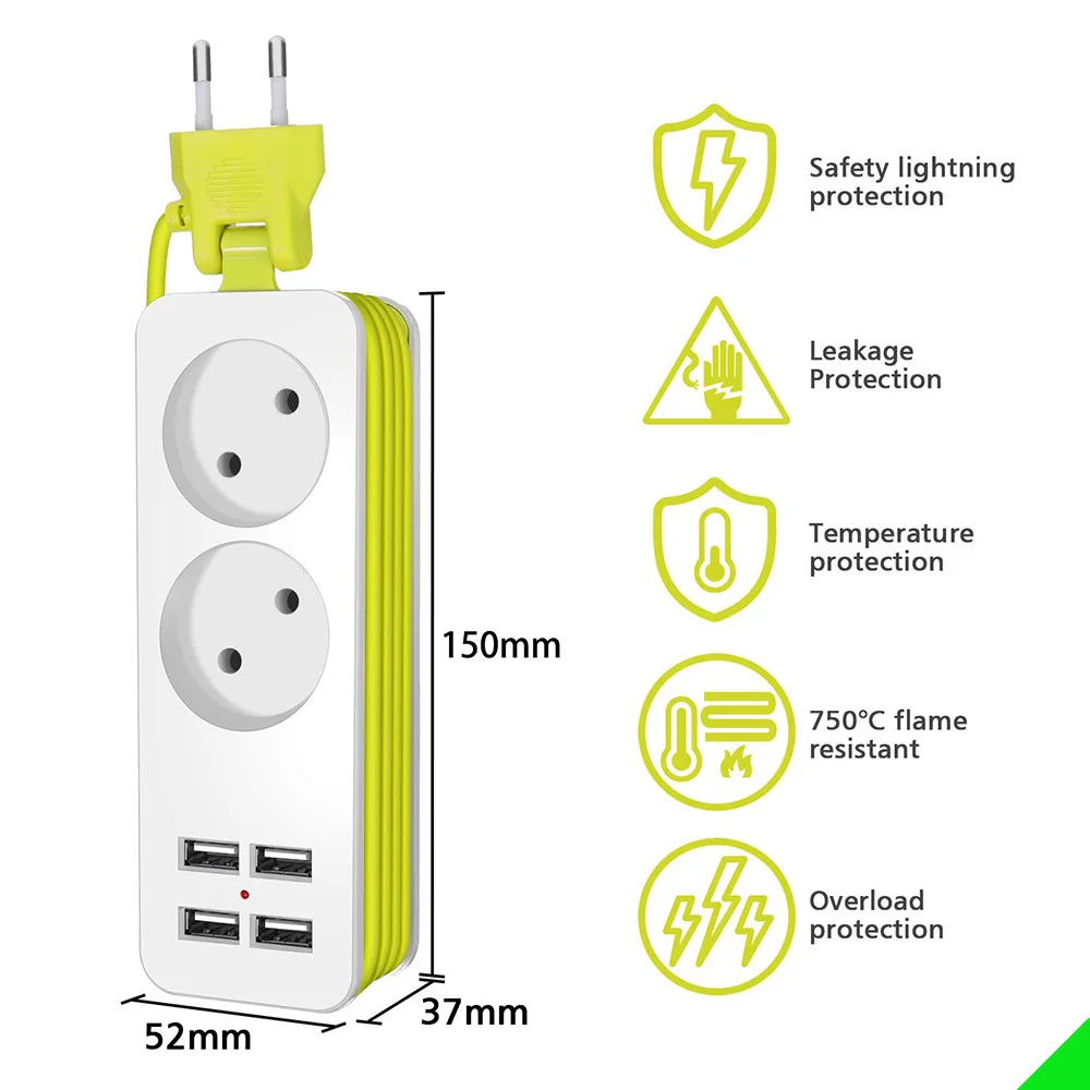 

EU Plug Power Strip 4 USB Port Charger Socket, 1200W Multiple Portable Travel Plug Adapter for Smartphones Tablets
