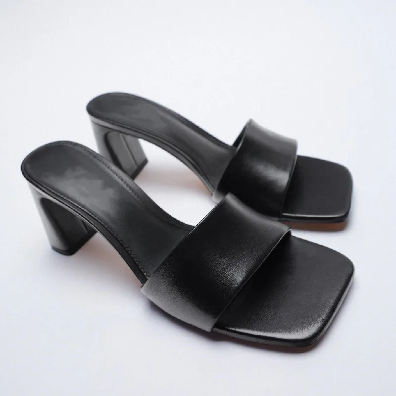 

ZAR 2021 Summer New Black Fashion Square Toe Thick High Heels Sexy Outer Wear Muller Lazy Sandals And Slippers Women Luxury