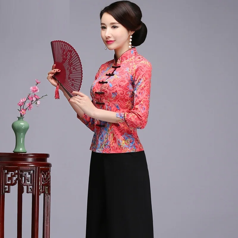 Китайский Ципао топы костюм Тан топ с рукавом 3/4 Цветочная рубашка из