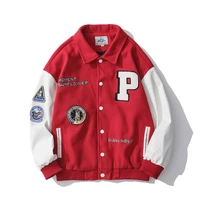 2021 winter pu leather patch varsity uniform men baseball jacket single breasted appliques embroidery bomber casual coat manteau