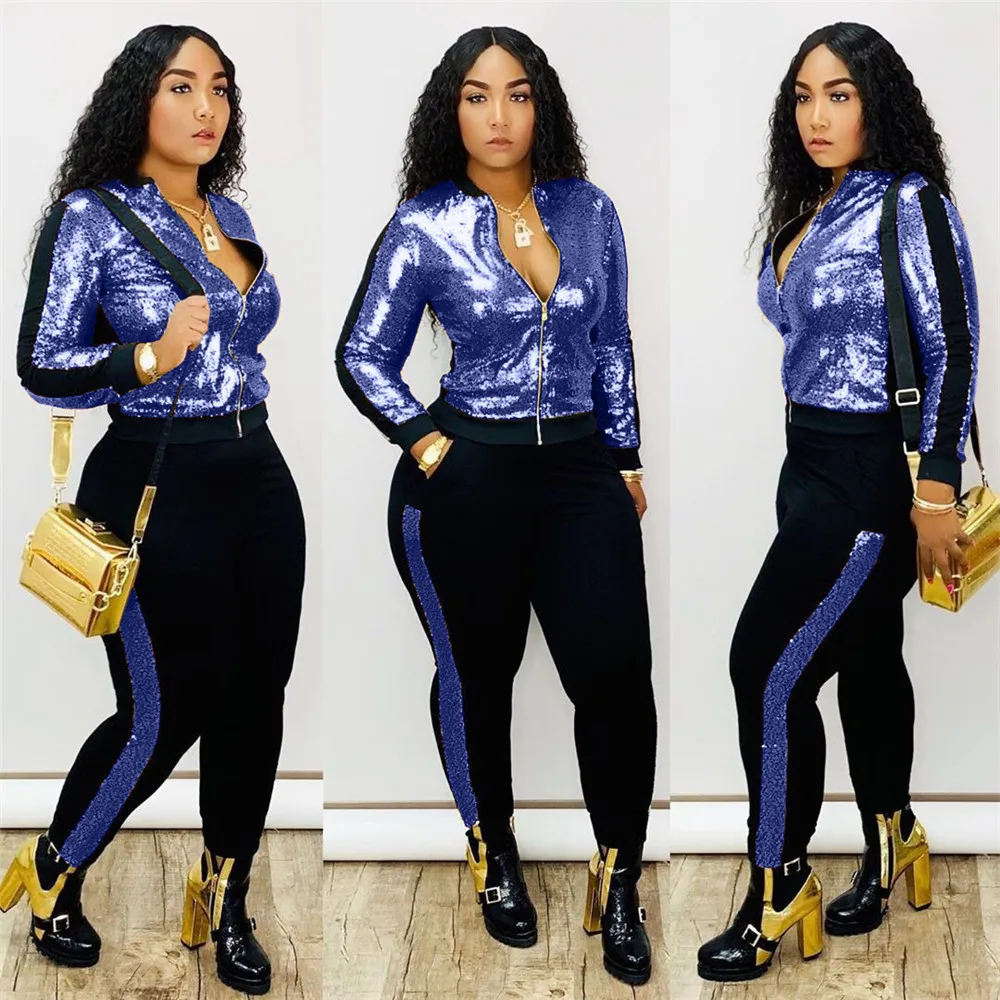 autumn winter sequin 2 piece set women tracksuit long sleeve jacket top pants suit streetwear sparkly matching sets club outfits free global shipping