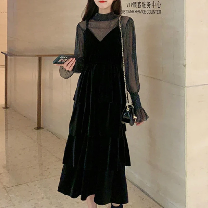 

Korean 2021 Autumn Chic Elegant Dress Women Evening Party Lace Black Designer Dress Female Casual Gothic Sexy One Piece Dresses