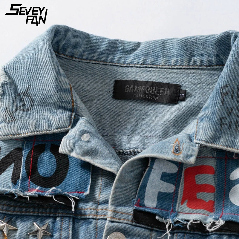 

Punk Rivet Metal Ring Denim Jacket Men Women Letter Printed Patchwork Ripped Hip Hop Blue Jeans Jackets Fashion Blue Cowboy Coat