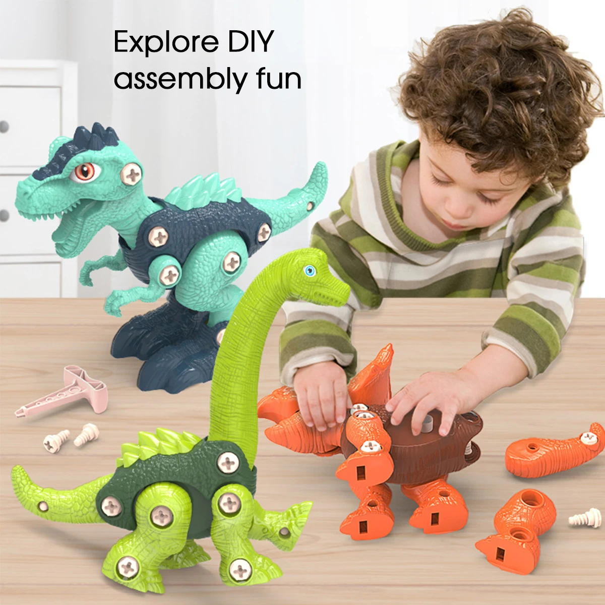 Juego de construcci&oacute;n de dinosaurio t-rex para ni&ntilde;os, con taladro el&eacute;ctrico, dinosaurios, puzle, regalo-1