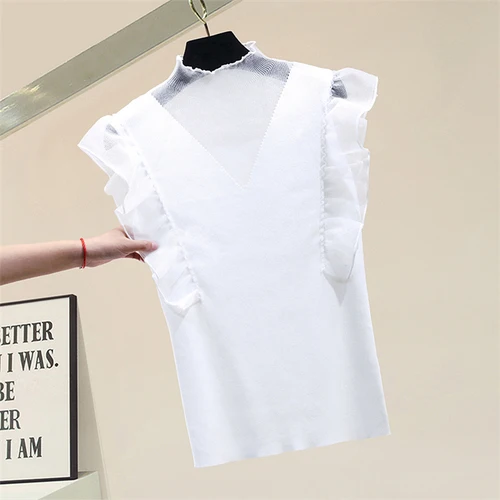 

Облегающий эластичный трикотажный топ, короткий летний жилет без рукавов с воротником-стойкой, женская трикотажная рубашка с оборками, жен...