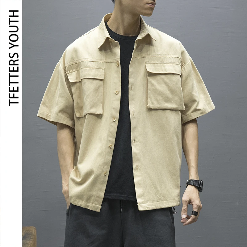 Мужская Тонкая Свободная рубашка TFETTERS летняя однотонная хлопковая с коротким