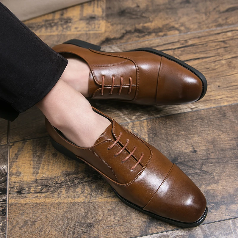 

Leather Mens Dress Shoes lace up Leather busienss flats fashion Black Brown Wedding Party Business Shoes Men big size 48