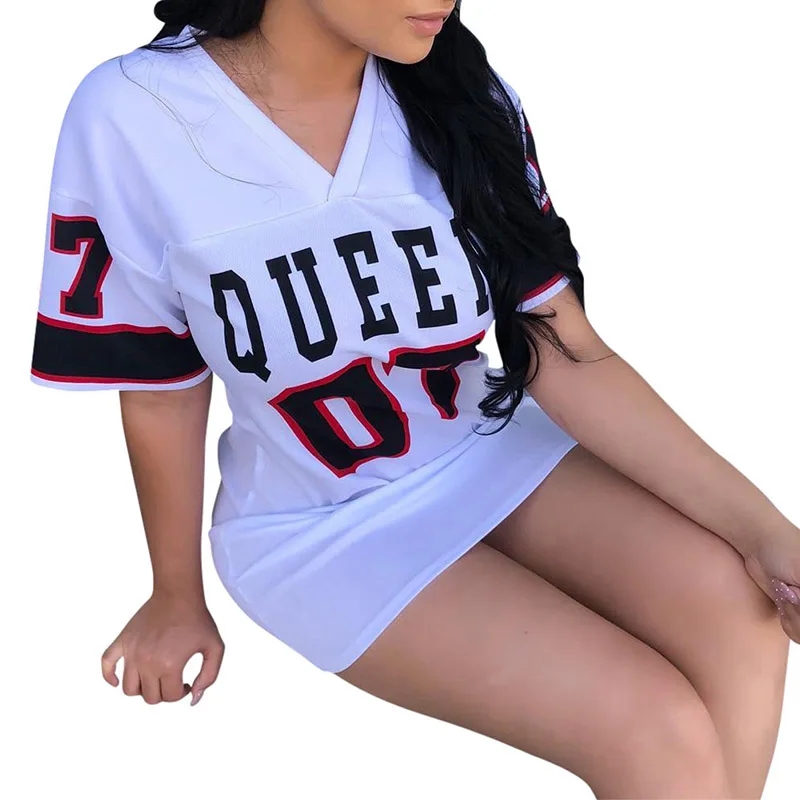 

T Shirt Dress Women Short Dress Hip Hop Queen Printed Long T Shirt Loose V Neck Sexy Mini Dress Robe Camiseta Vestidos