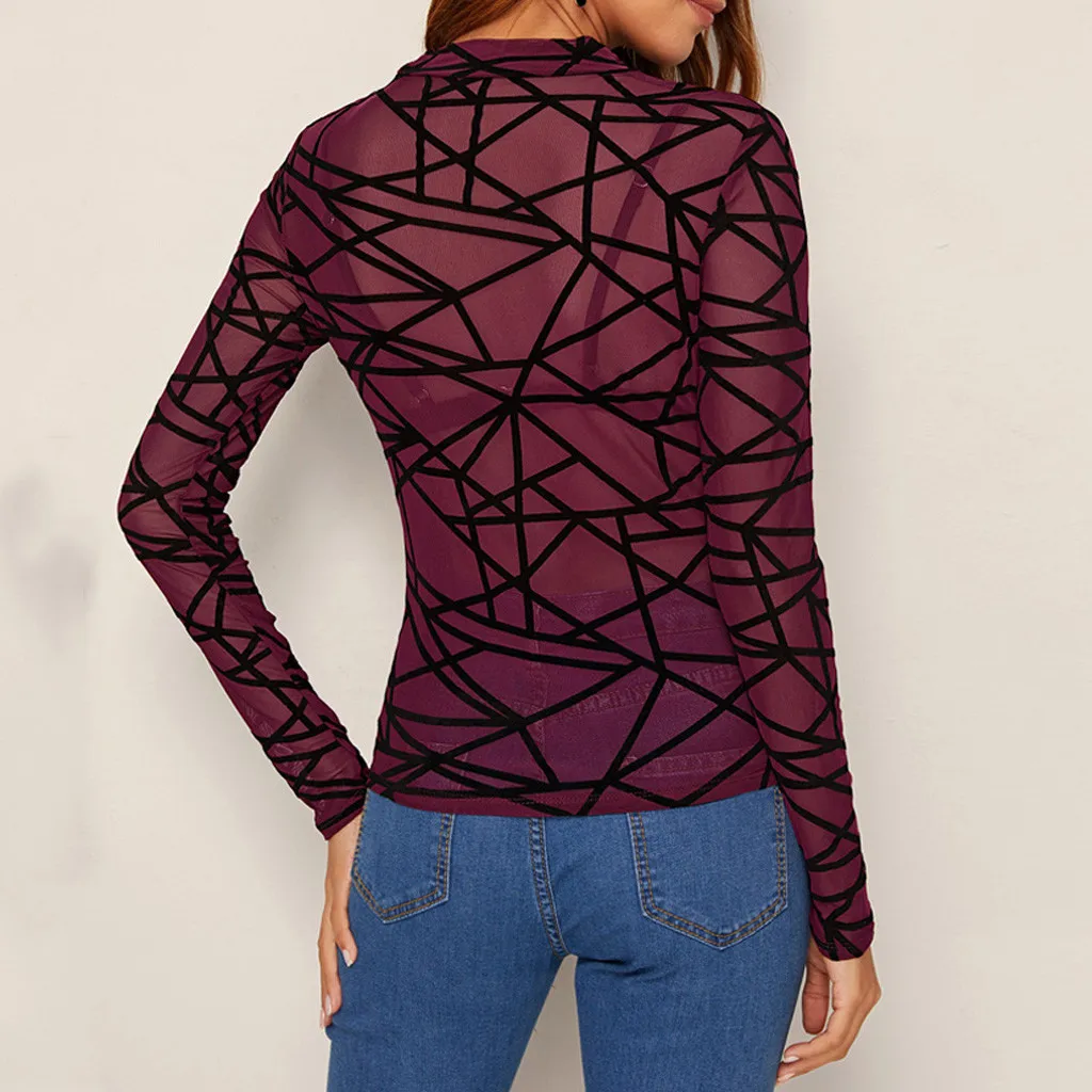 Женская зимняя футболка с круглым вырезом длинным рукавом и сетчатым