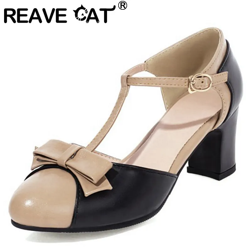 

REAVE CAT New 2021 Women Pumps Round Toe 6.5cm Block Heels Patchwork Bowtie Stylish Buckle Big Size 34-42 Casual Date A3886
