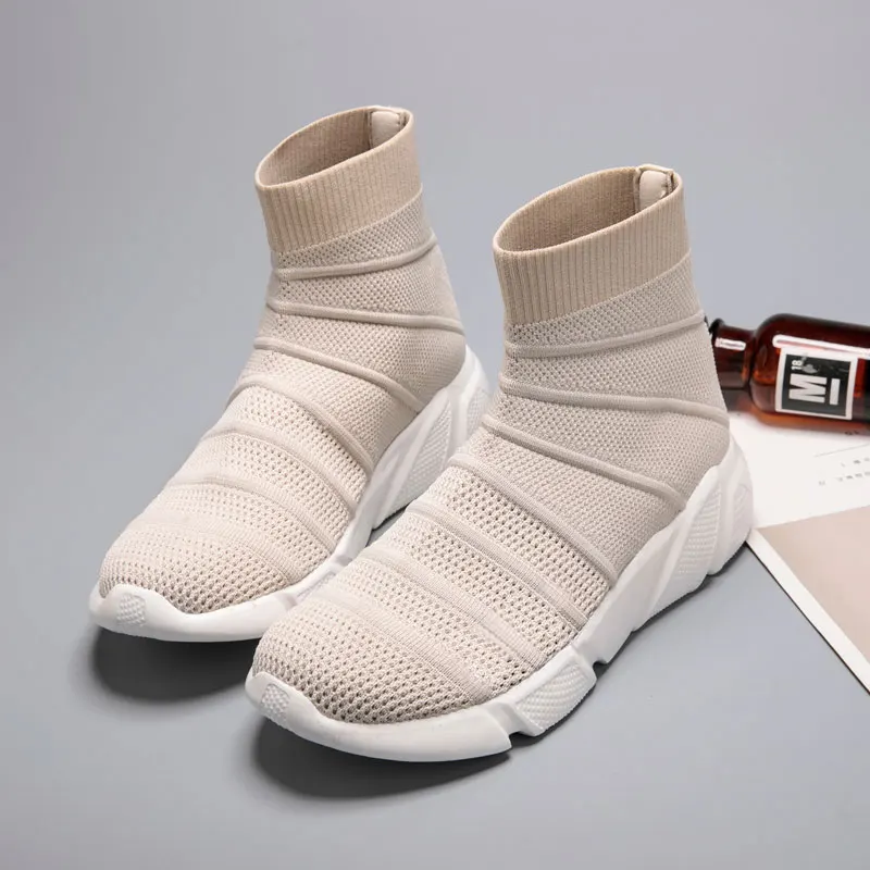 Beige MWY/Новинка; растягивающиеся носки; женская обувь на плоской подошве; воздухопроницаемые кроссовки с высоким берцем; женская повседневная обувь без застежки; zapatos mujer schoenen - Color: Beige