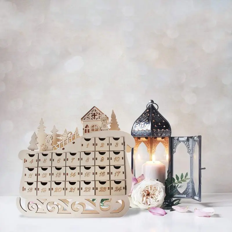

Sleigh Wooden Advent Calendar Countdown Christmas Party Decor 24 Drawers with LED Light Ornament 19QB