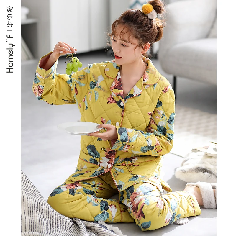 

Пижама женская осенне-зимняя Толстая Домашняя одежда из чистого хлопка с длинными рукавами куртка с хлопковой подкладкой теплая для мам ср...