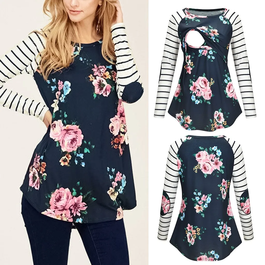 Женская блузка с длинным рукавом для беременных цветочный полосатый топ
