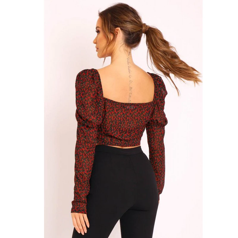 Женский укороченный топ Hirigin винтажный с цветочным принтом квадратным вырезом