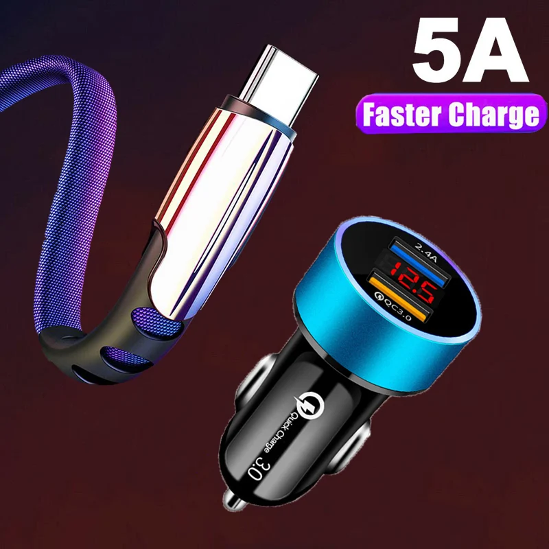 

Dual USB LED QC 3.0 Car Charger Braided Type-C USB Charging Cable For Samsung A30 A50 A70 A51 A71 A31 A21S M51 M31 Phone Charger
