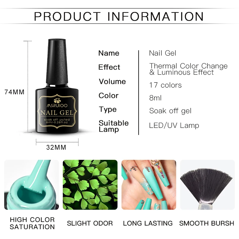 

MSRUIOO Luminous Nail Gel Thermal Color Change Fluorescent Neon UV LED Semi Permanent Soak Off Gel Varnish Glow In Dark