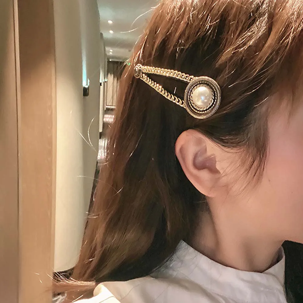 Заколка для волос женская черная корейский стиль цепочка с жемчугом и стразами |