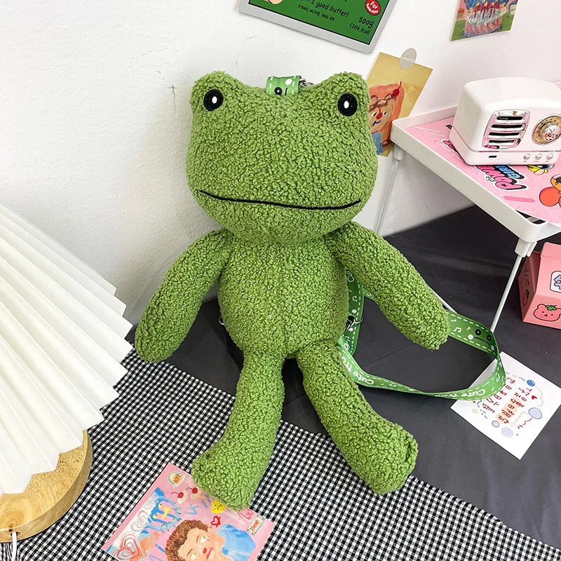 

Women Cartoon Frog Shoulder Bag Ladies Fashion Casual Cute Plush Crossbody Bags Zipper Long Strap Shoulder Bag For Women