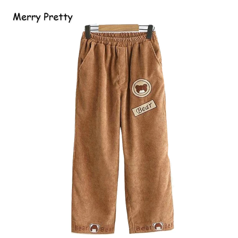 

Merry Pretty Corduroy Women's Cartoon Bear Ebrodiery Straight Pants 2019 Winter Elastic Waist Ladies Cute Pockets Trousers