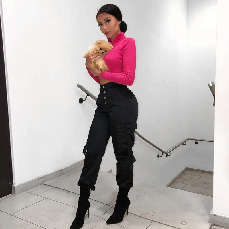 

2020 Sexy Women's T-shirt Long Sleeve Autumn Short Outfit Zip Stand Collar Casual Shirt Tops Skinny Clubwear Solid Color T-shirt