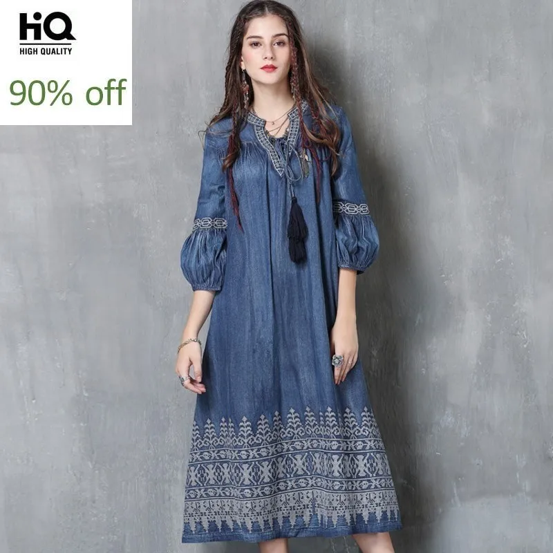 Инди фолк ретро Женская мода Половина рукава фонарь рукав вышивка свободный крой