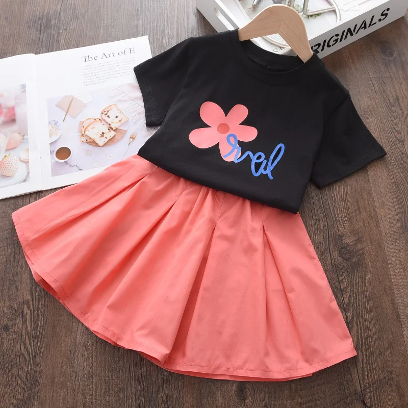 

Girls Summer Clothing Sets 2021 Children Flowers Print T-shirt And Skirt Outfits Children Holiday Costumes 2-6T
