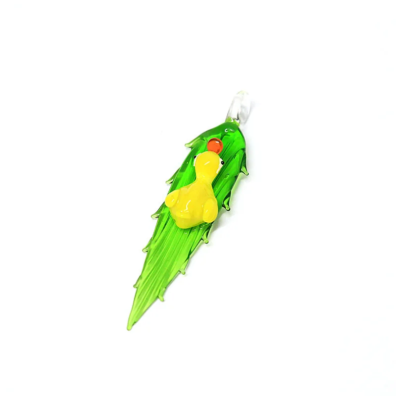 

Long strip green glass leaf pendant with cute mini Little yellow duck figurine fairy garden home hanging decor charm accessories