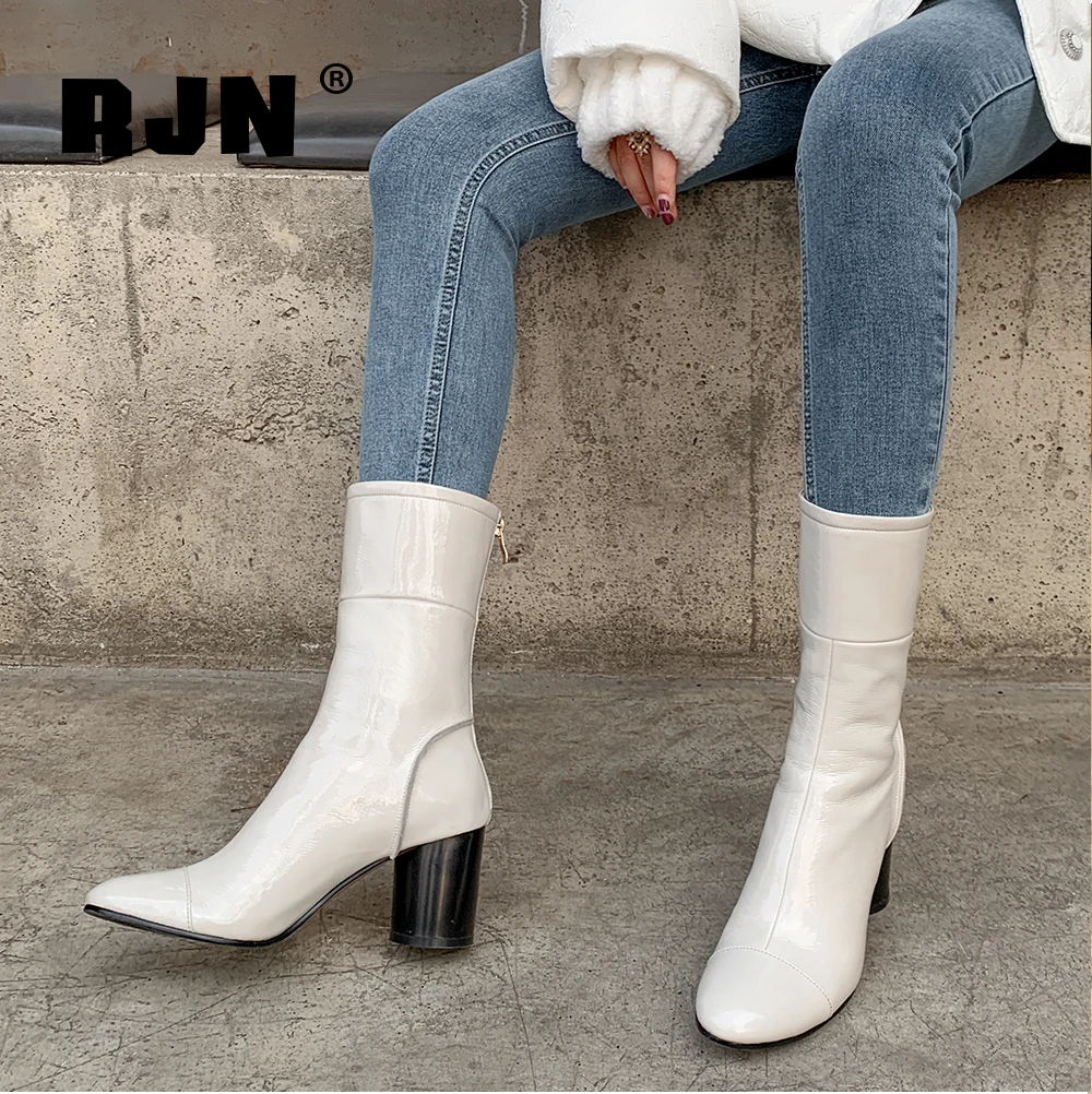 

RJN Concise Mid-calf Women Boots Comfortable Round Toe Square Mid-heel Zipper Ladies Shoes Handmade Genuine Leather Boots RO197