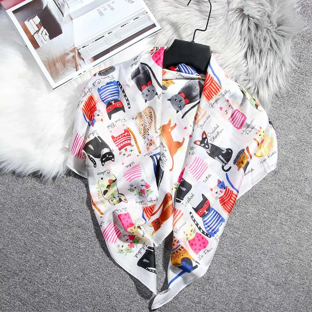 Милый роскошный атласный маленький квадратный шелковый шарф с принтом кота из