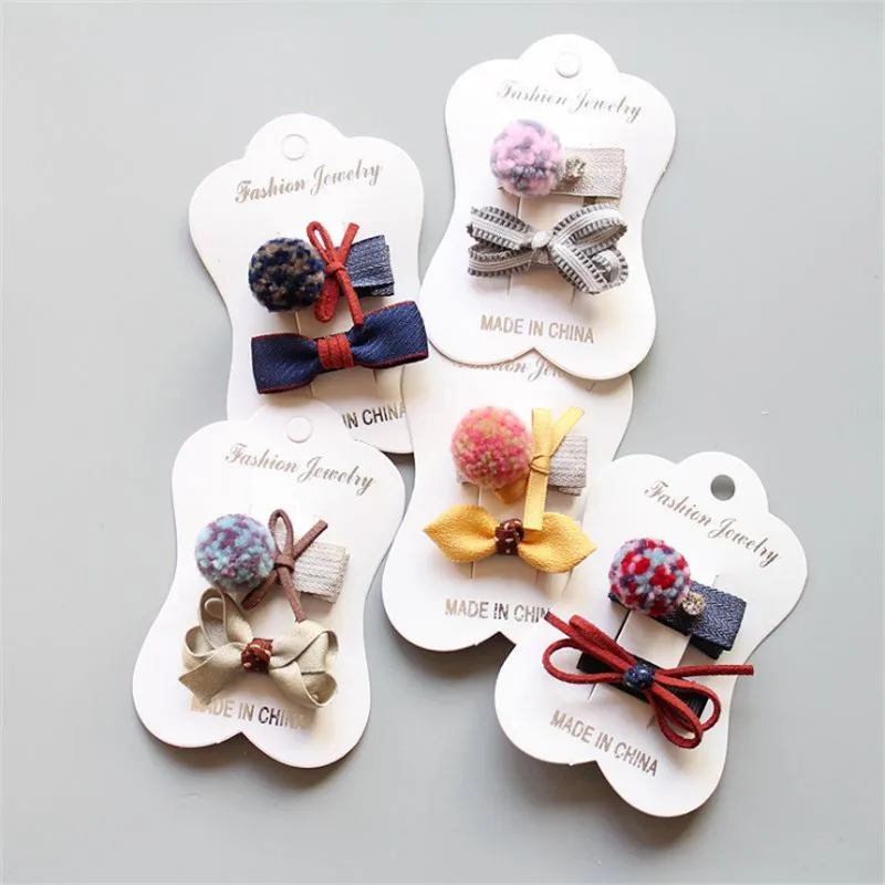 

10set/lot Boutique Fashion Cute Leaves Pom Pom Bow Hairpins Solid Kawaii Mini Bowknot Hair Clips Princess Hair Accessories