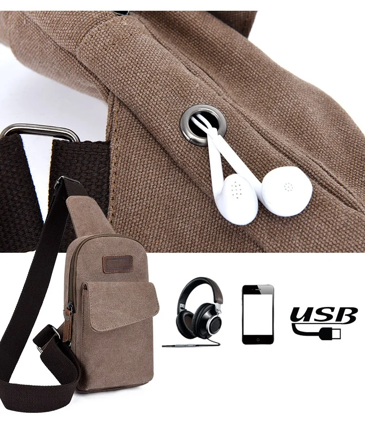 Men's Chest Bags with Headphone Soft Canvas Zipper Crossbody Messenger Sling Shoulder Bag Unisex Casual Travel Waist Fanny Pack