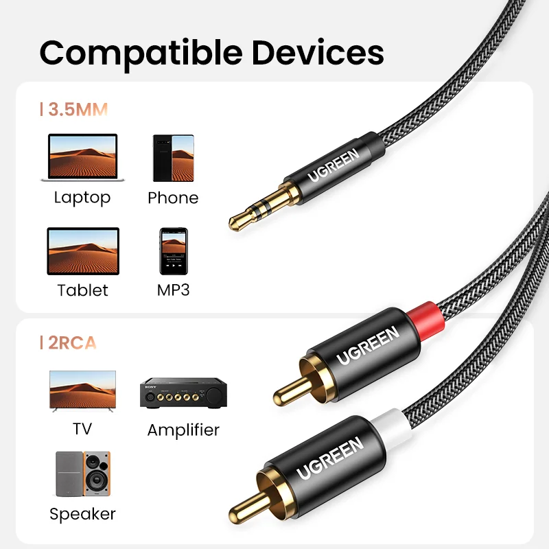 UGREEN RCA Cable HiFi Stereo 2RCA to 3.5mm Audio Cable AUX RCA Jack 3.5 Y Splitter for Amplifiers Audio Home Theater Cable RCA images - 6